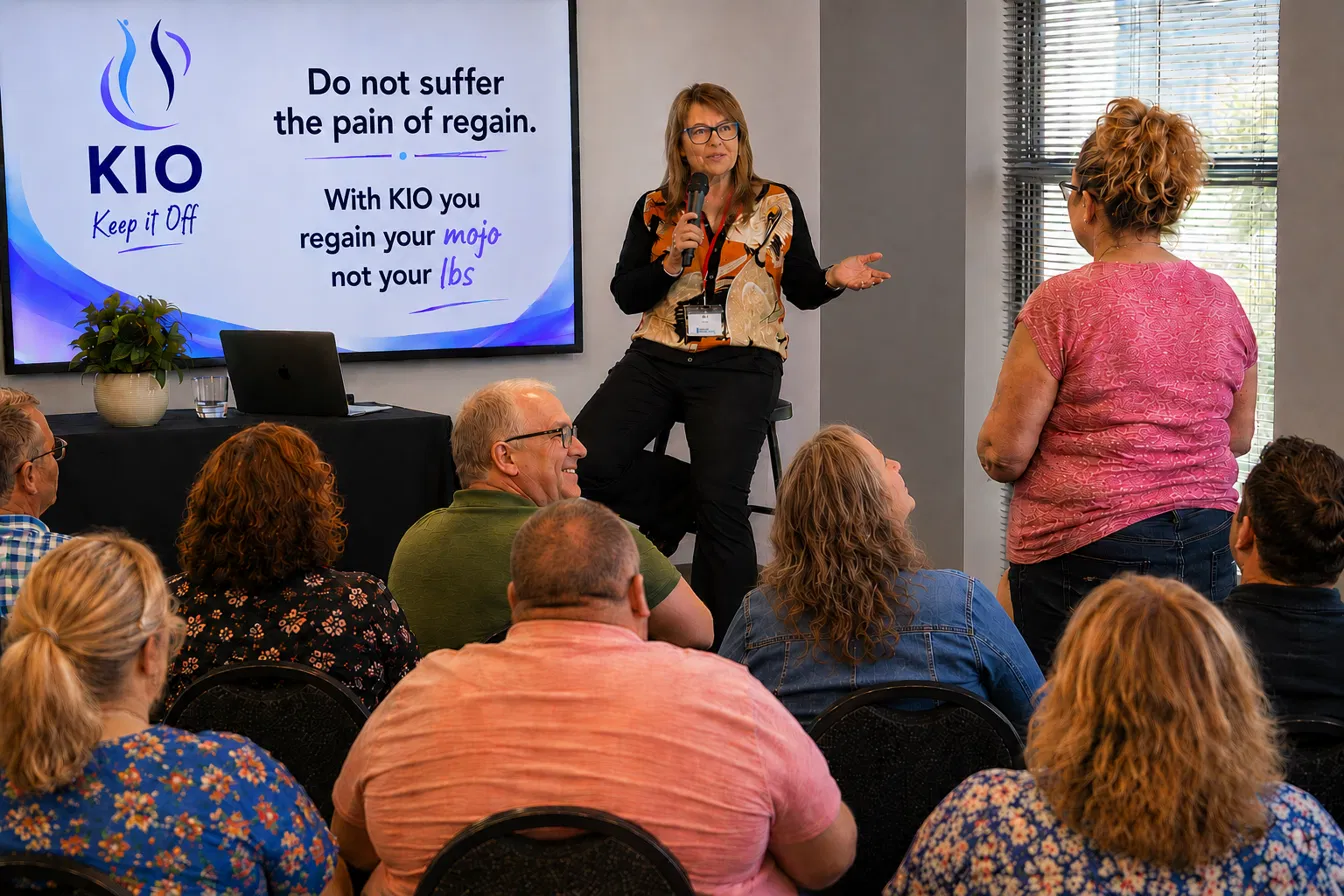 Mel Harris speaking during a live talk