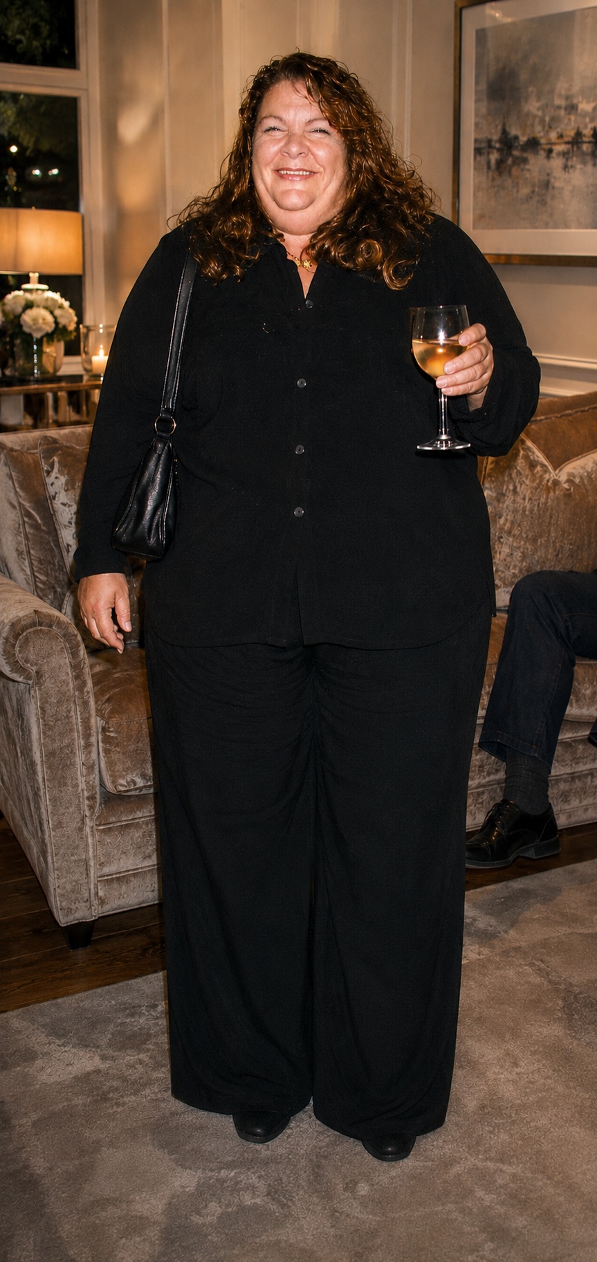 Mel at an engagement party before her weight loss, shown full length